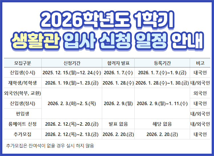 2026학년도 1학기 생활관 모집구분별 입사 신청 안내